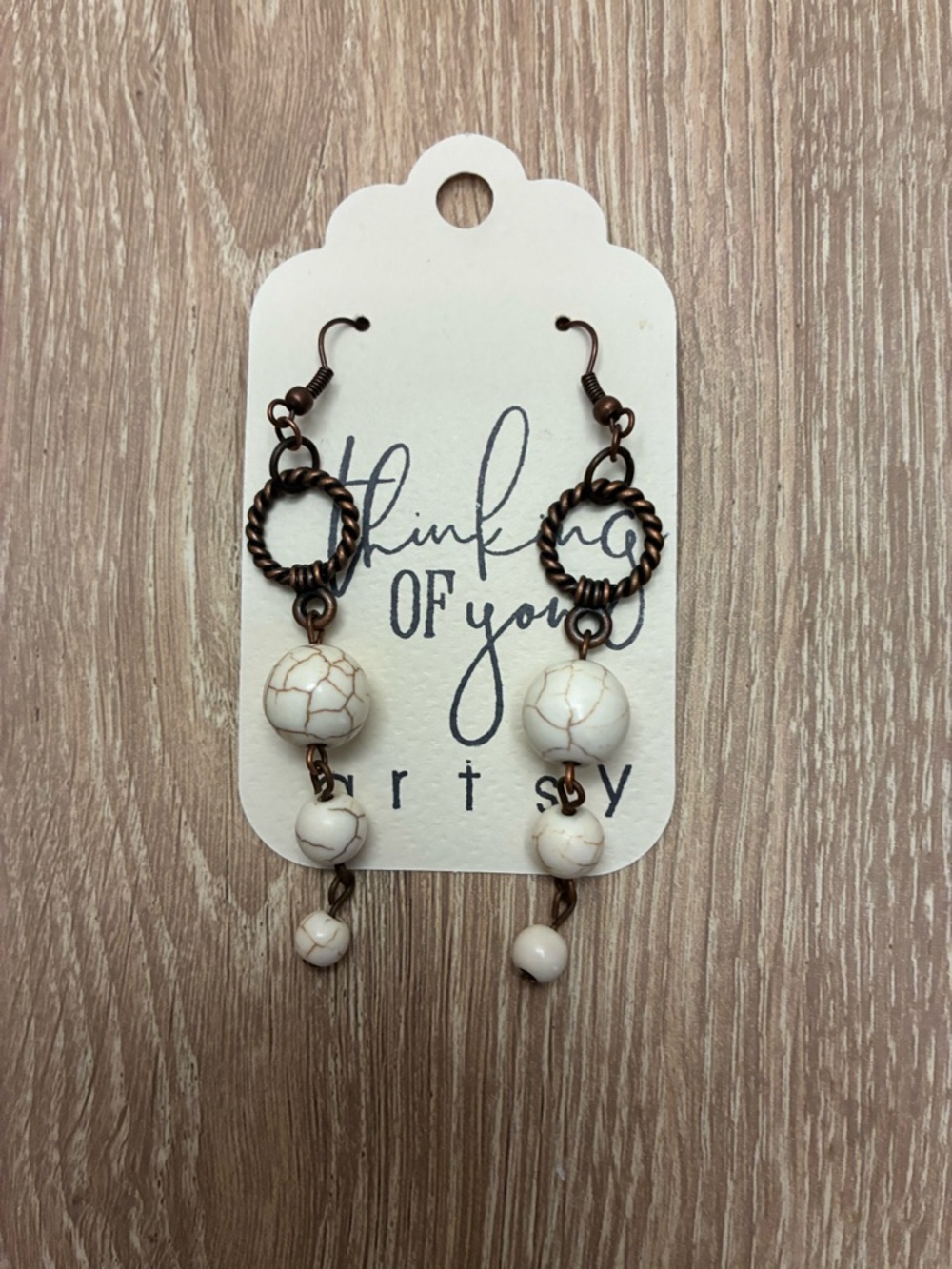 White Howlite Bead Dangle Earrings with Antique Copper Accents